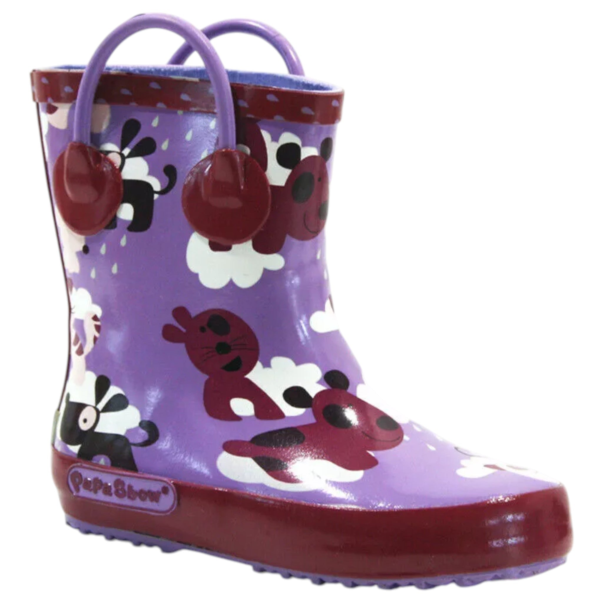 Kids’ purple wellies with red dog print and clouds, waterproof rain boots with easy pull-on handles